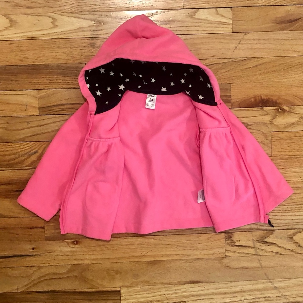 Carter’s Pink zip up hooded fleece with two black bows on the front pocket, 24M - Picture 3 of 9
